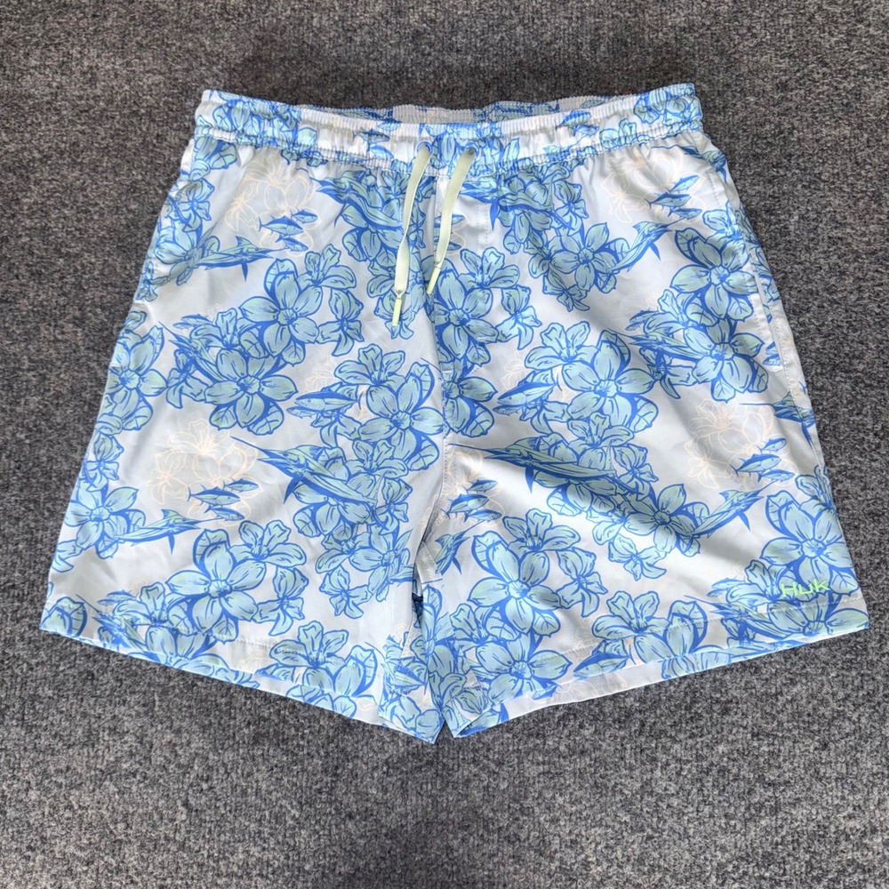 HUK Shorts Men Medium 30x5 Blue Floral Swim Trunks Fishing Quick Dry Performance